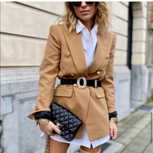 Zara Jackets & Coats Zara Tailored Double Breasted Blazer Gold
